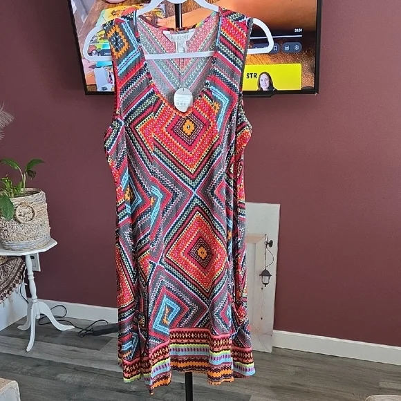 APRICOT Multicolor Geometric Mini Dress | Boho Tribal Print Sleeveless NWT - Picture 2 of 7